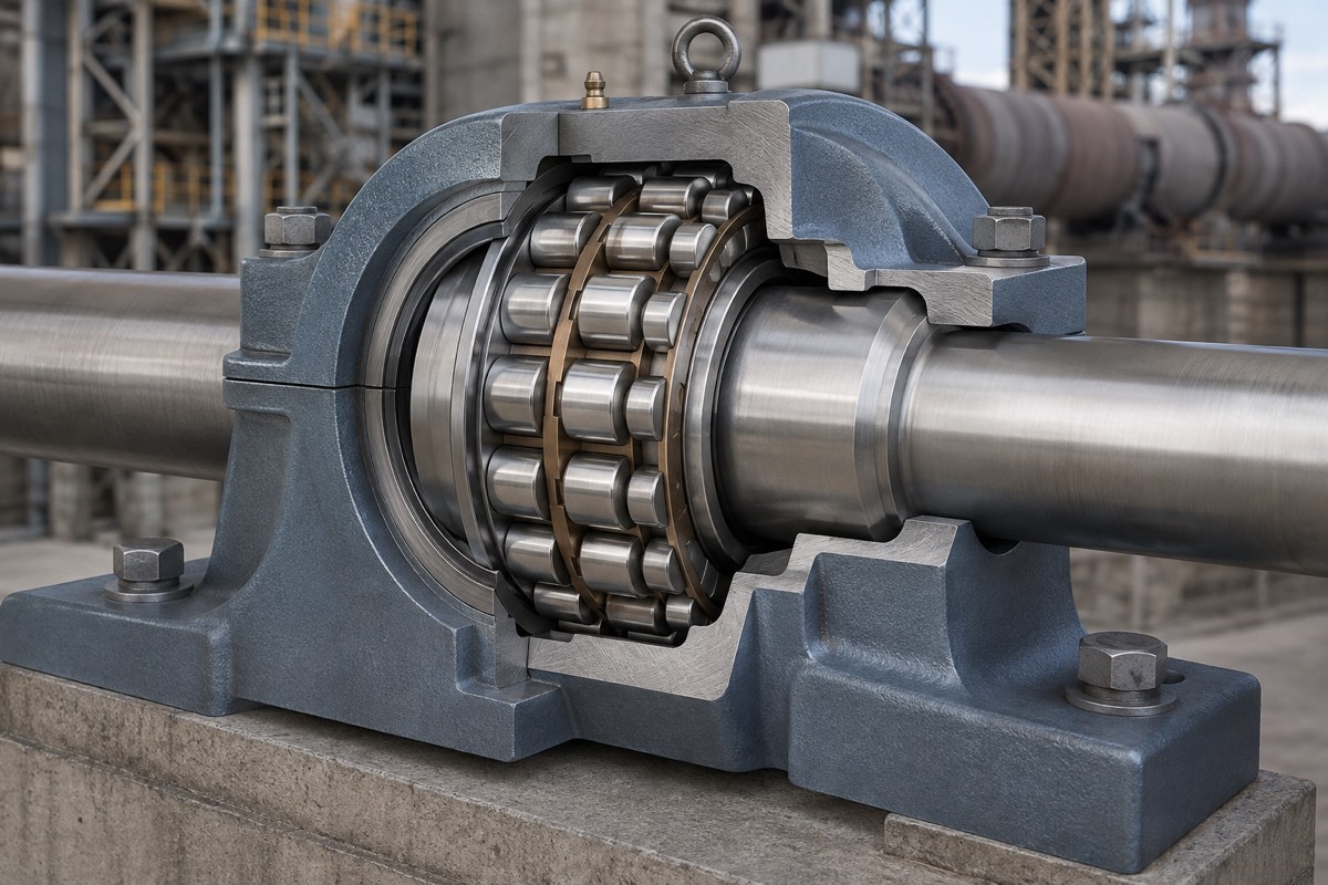 Cutaway of a spherical roller bearing in a split plummer block housing