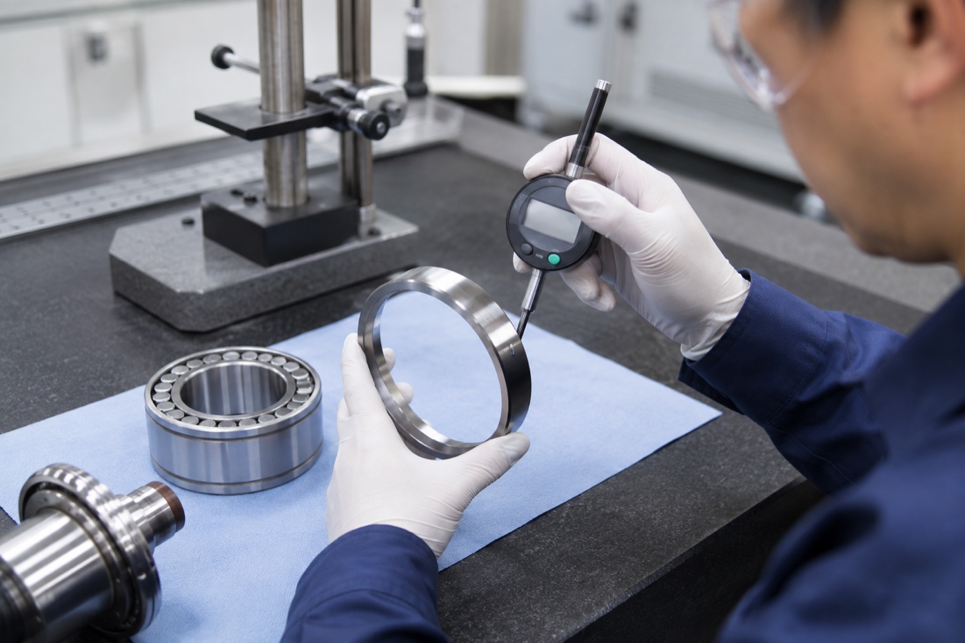 Technician checking a precision bearing ring on a metrology bench