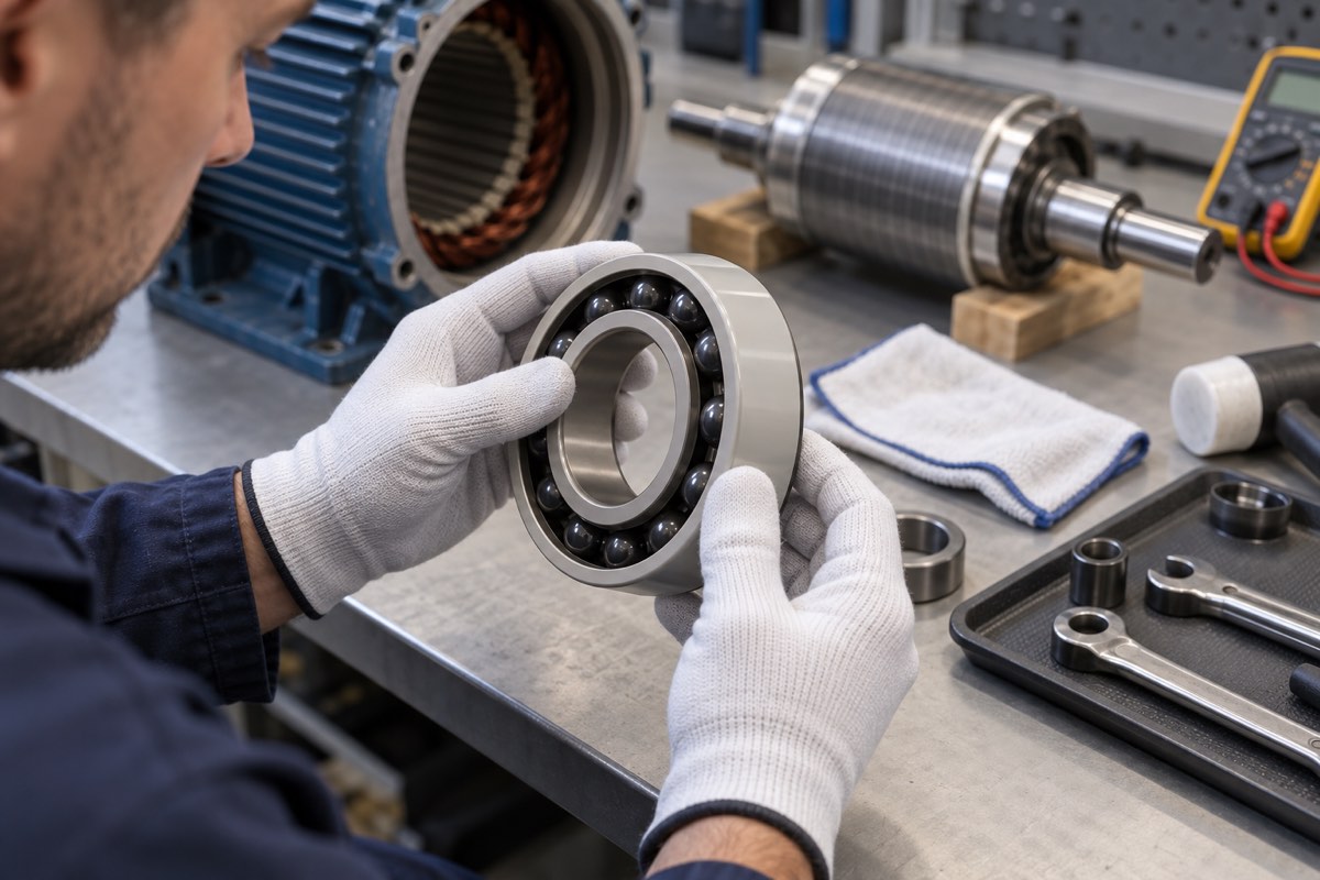 Technician inspecting the coated outer ring of an insulated motor bearing
