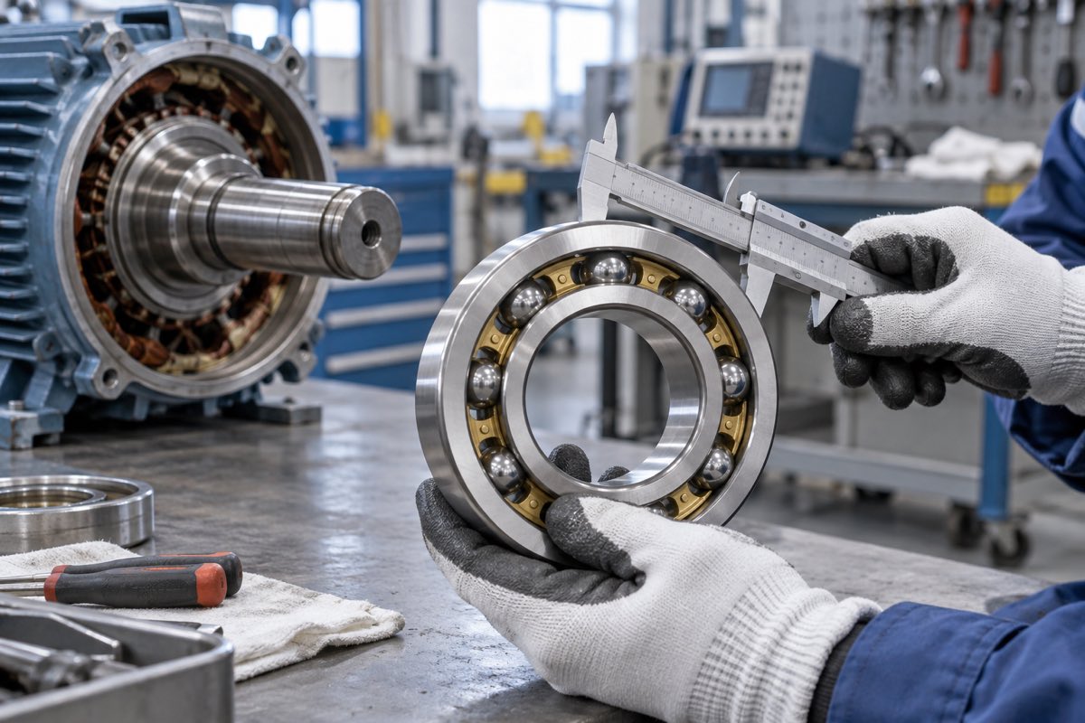 Large insulated deep groove ball bearing inspected beside an electric motor