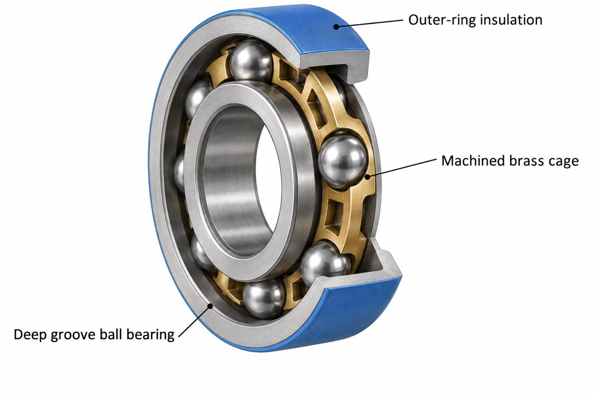 Cutaway showing outer-ring insulation and a machined brass cage