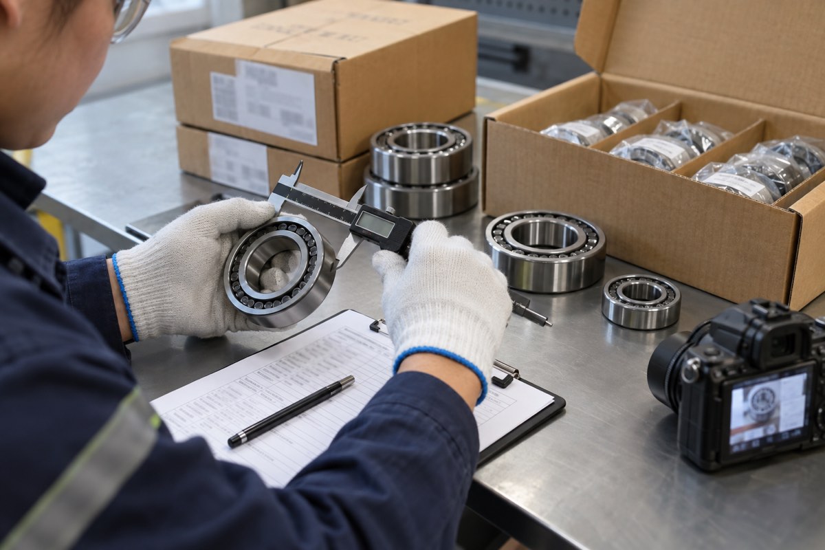 Inspector checking bearing dimensions, markings and export packaging